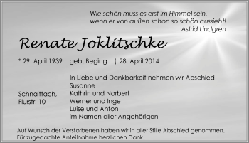 Traueranzeige von Renate Joklitschke von Pegnitz-Zeitung